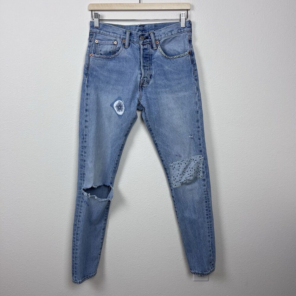 Levis 501 CT Jeans Womens Twenty Eight Destroyed Upcycle Patches Embroidered